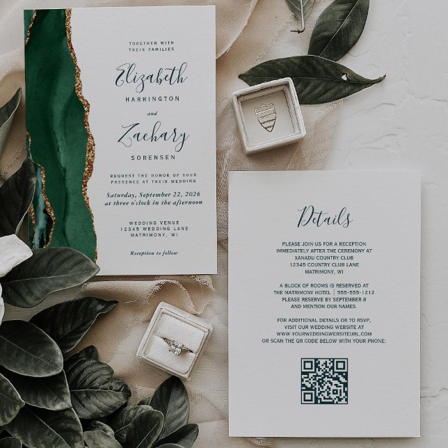Emerald Green Gold Agate Script QR Code Wedding Invitation (Creator Uploaded)