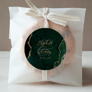 Emerald Green Gold Agate Script Wedding Classic Round Sticker