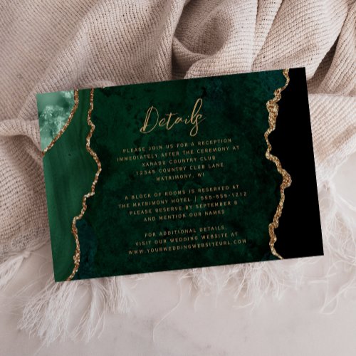 Emerald Green Gold Agate Script Wedding Details Enclosure Card