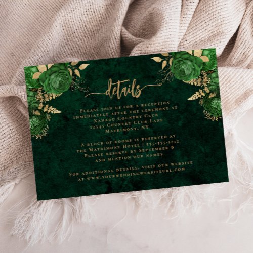 Emerald Green Gold Agate Script Wedding Details Enclosure Card