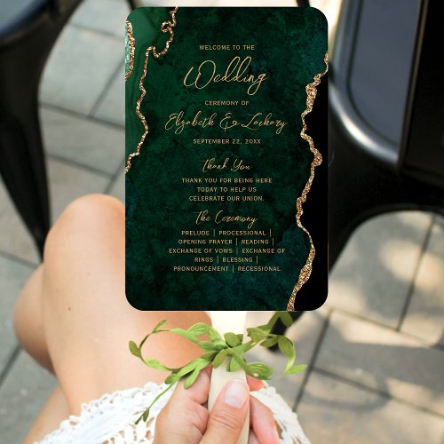 Emerald Green Gold Agate Script Wedding Program Hand Fan