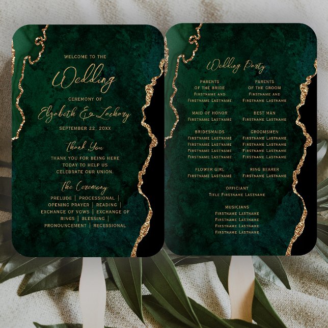 Emerald Green Gold Agate Script Wedding Program Hand Fan (Creator Uploaded)