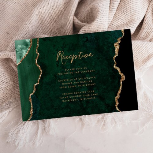 Emerald Green Gold Agate Script Wedding Reception Enclosure Card