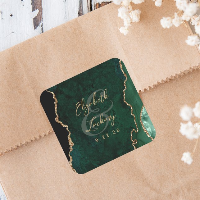 Emerald Green Gold Agate Script Wedding Square Sticker (Creator Uploaded)