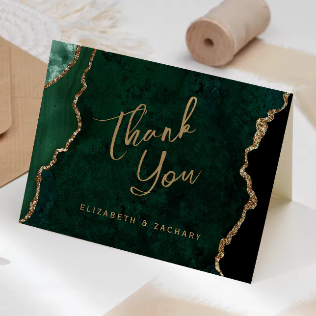 Emerald Green Gold Agate Script Wedding Thank You Card | Zazzle