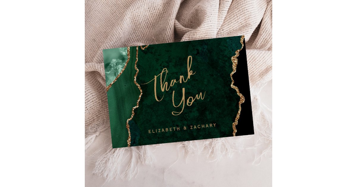 Emerald Green Gold Agate Script Wedding Thank You Card | Zazzle