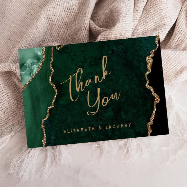 Emerald Green Gold Agate Script Wedding Thank You Card | Zazzle