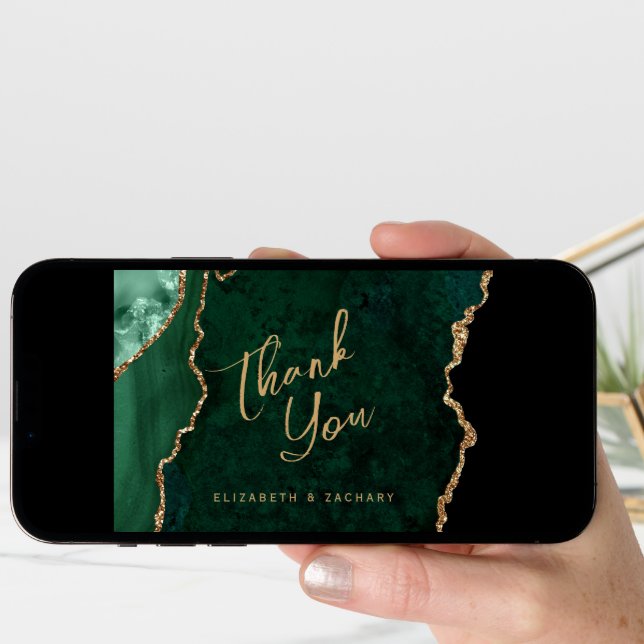 Emerald Green Gold Agate Script Wedding Thank You Card (Front Digital)