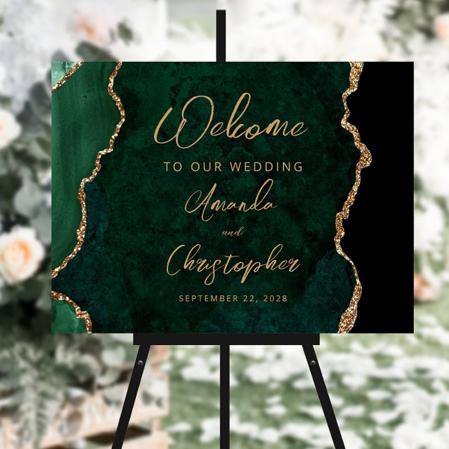 Emerald Green Gold Agate Script Wedding Welcome Foam Board (Creator Uploaded)