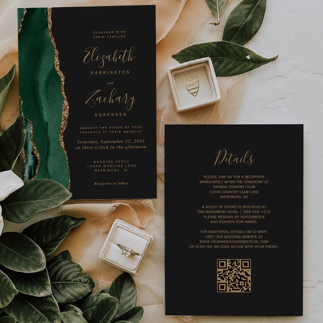 Emerald Green Gold Agate Slate QR Code Wedding Invitation (Creator Uploaded)