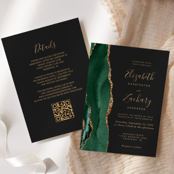 Emerald Green Gold Agate Slate Qr Code Wedding Invitation by Wedding_Paper_Nest at Zazzle
