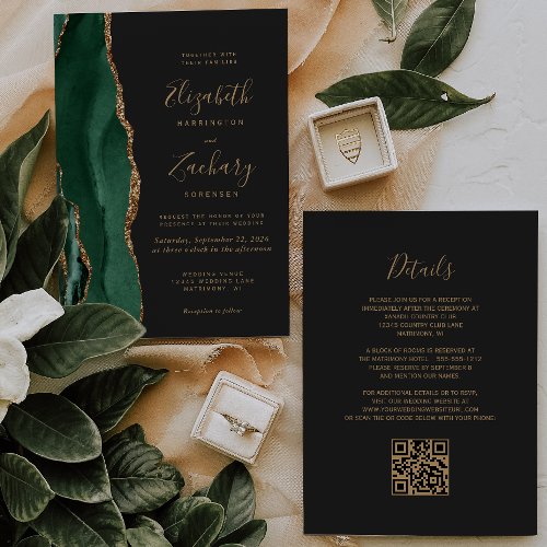 Emerald Green Gold Agate Slate QR Code Wedding Invitation