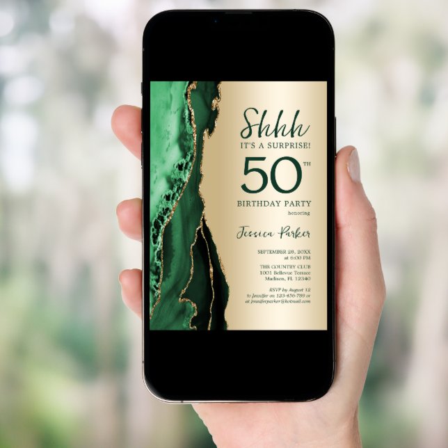 Emerald Green Gold Agate Surprise 50th Birthday Invitation (Front Digital)
