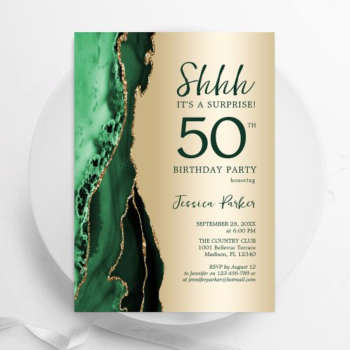 Emerald Green Gold Agate Surprise 50th Birthday Invitation