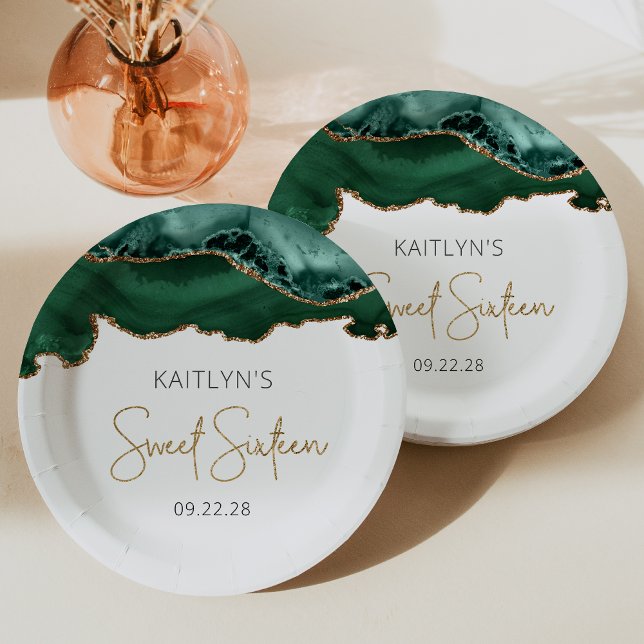 Emerald Green Gold Agate Sweet 16 Birthday Party Paper Plates (Creator Uploaded)