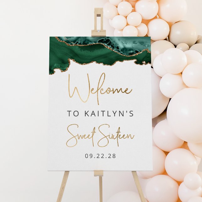 Emerald Green Gold Agate Sweet 16 Party Welcome Foam Board (Creator Uploaded)