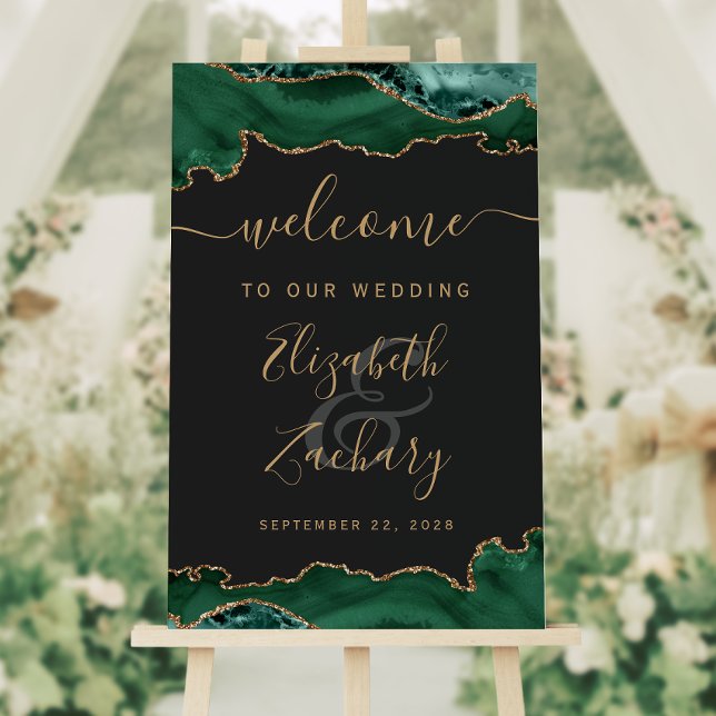 Emerald Green Gold Agate Vertical Wedding Welcome Foam Board (An elegant choice for a wedding with an emerald green and gold color palette.)