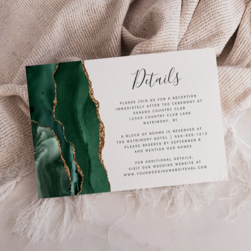 Emerald Green Gold Agate Wedding Details Enclosure Card