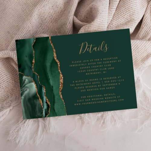 Emerald Green Gold Agate Wedding Details Enclosure Card