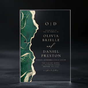 Emerald Green Gold Agate Wedding Monogram Acrylic Invitations