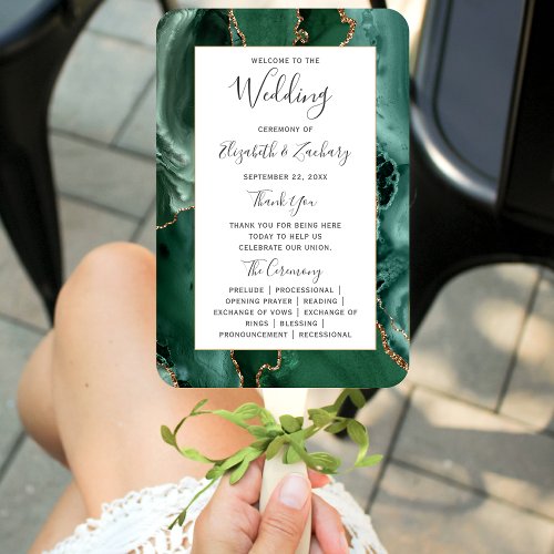 Emerald Green Gold Agate Wedding Program Hand Fan