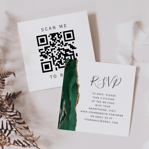 Emerald Green Gold Agate Wedding QR Code RSVP Enclosure Card