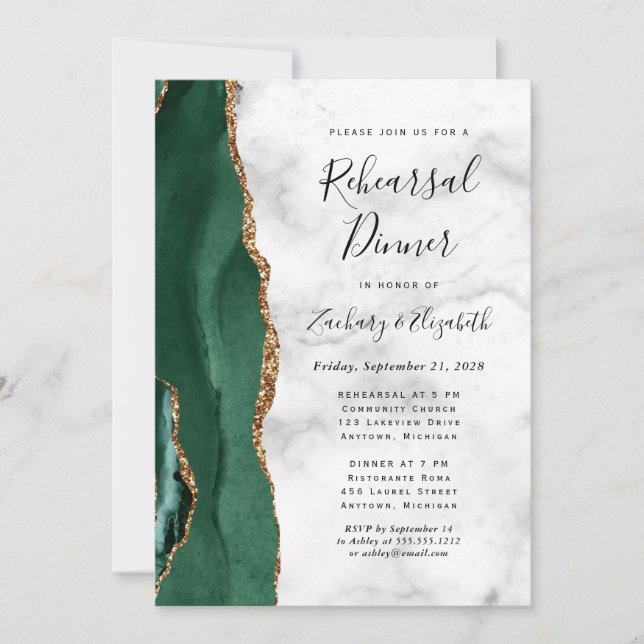 Emerald Green Gold Agate Wedding Rehearsal Dinner Invitation (Front)