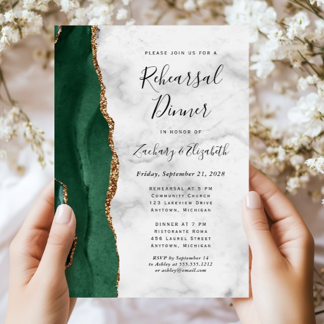 Emerald Green Gold Agate Wedding Rehearsal Dinner Invitation (Creator Uploaded)