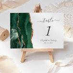 Emerald Green Gold Agate Wedding Table Number<br><div class="desc">The left-hand edge of this elegant modern wedding table number card features an emerald green watercolor agate border trimmed with faux gold glitter. The customizable text combines charcoal gray handwriting,  italic and copperplate fonts on a white background.</div>