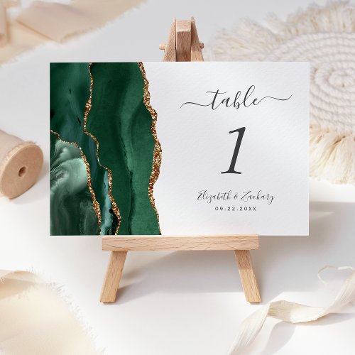 Emerald Green Gold Agate Wedding Table Number