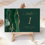 Emerald Green Gold Agate Wedding Table Number<br><div class="desc">The left-hand edge of this elegant modern wedding table number card features an emerald green watercolor agate border trimmed with faux gold glitter. The customizable text combines gold-colored handwriting,  italic and copperplate fonts on a green background.</div>