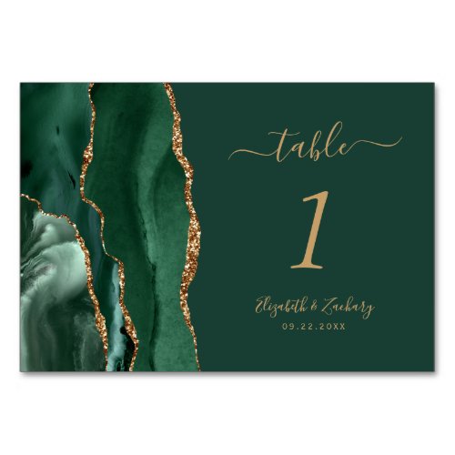 Emerald Green Gold Agate Wedding Table Number