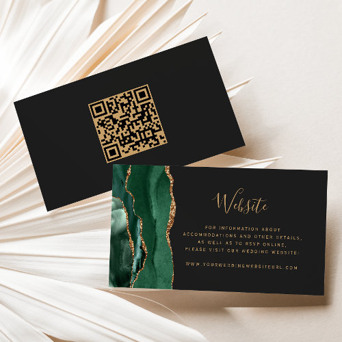 Emerald Green Gold Agate Wedding Website QR Code Enclosure Card