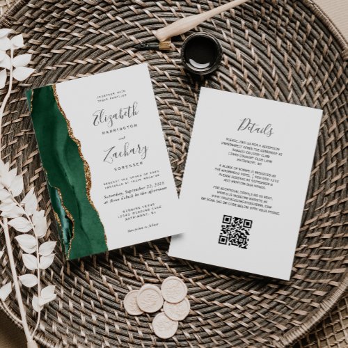 Emerald Green Gold Agate White QR Code Wedding Invitation