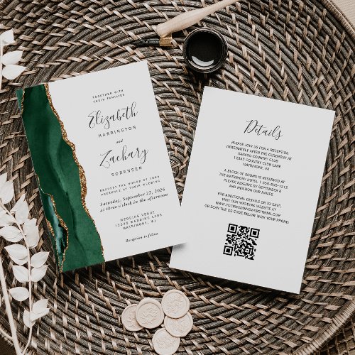 Emerald Green Gold Agate White QR Code Wedding Invitation