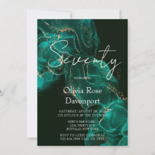 Emerald Green Gold Alcohol Ink 70th Birthday Party Invitation