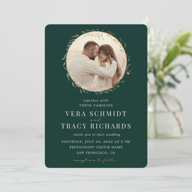 Emerald Green Gold  All in one Photo Rsvp Wedding Invitation (Standing Front)