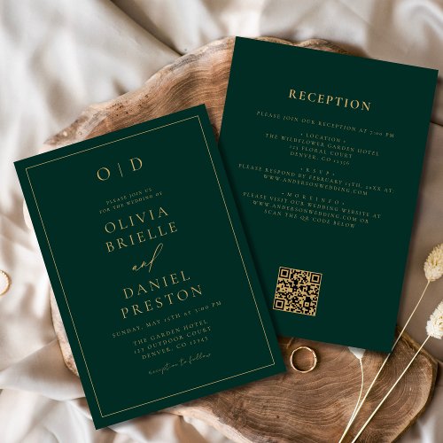 Emerald Green Gold All in One QR Code Wedding Invitation