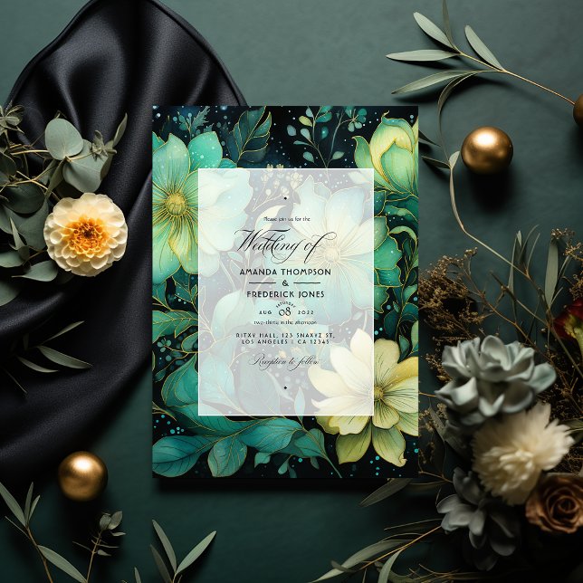 Emerald Green, Gold and Black Floral Wedding Invitation (Creator Uploaded)