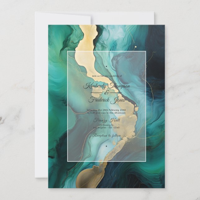 Emerald Green, Gold and Black Ink Wedding Invitation (Front)