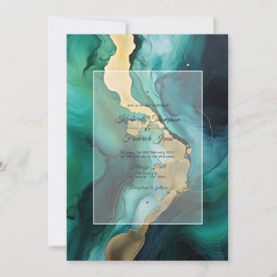 Emerald Green, Gold and Black Ink Wedding Invitation