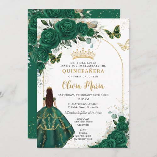 Emerald Green Gold Arch Butterflies Quinceaera Invitation