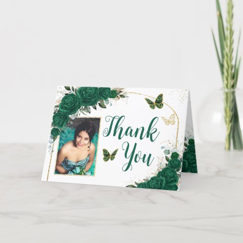 Emerald Green Gold Arch Quinceaera Sweet 16 Photo Thank You Card