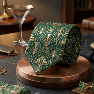 Emerald Green Gold Art Deco Gatsby Geometric Neck Tie