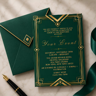 Emerald Green Gold Art Deco Luxe Gala Celebration Invitation