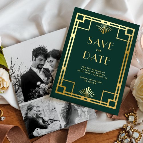 Emerald Green Gold Art Deco Photo Collage Wedding Save The Date