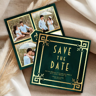 Emerald Green Gold Art Deco Photo Collage Wedding Save The Date