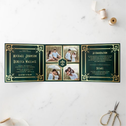 Emerald Green Gold Art Deco Photo Collage Wedding Tri_Fold Invitation