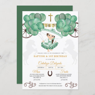 Emerald Green & Gold Baby Charra Mexican Baptism Invitation