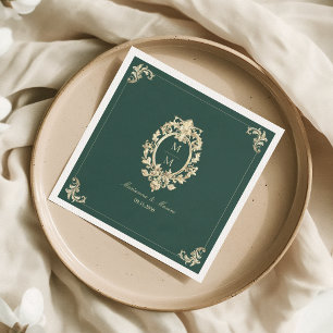 Emerald Green Gold Baroque Monogram Wedding Napkins